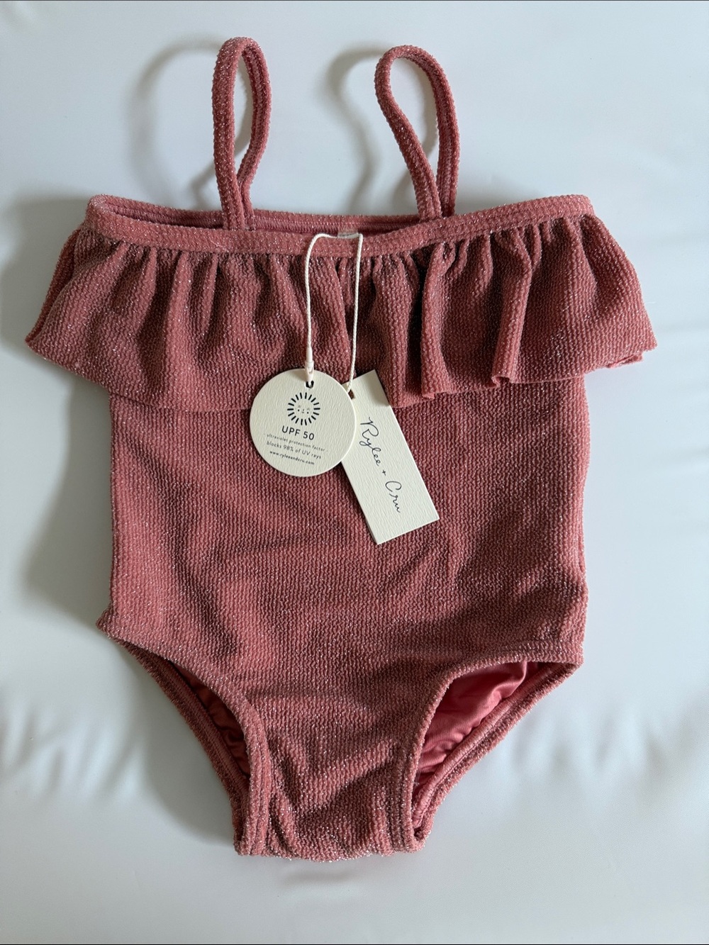 NWT- Rylee + Cru Rose Pink shimmer Ruffled One-Piece Swimsuit